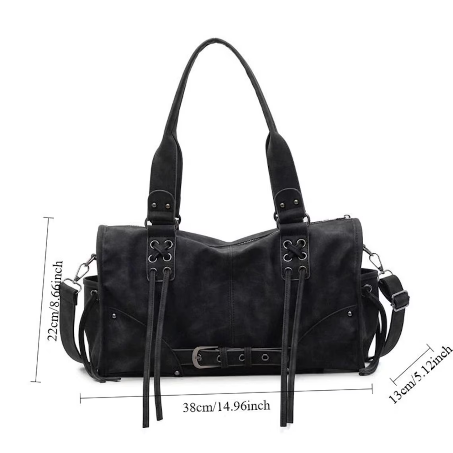Edgy Retro Schultertasche mit Schnür- und Quastendetails, Gürtelbesatz und abnehmbarem Umhängegurt