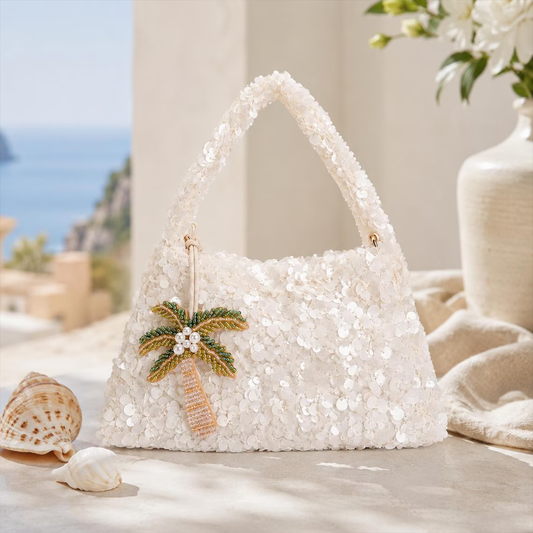 Abendhandtasche mit glänzenden Pailletten und perlenbesetzter Palmen-Dekoration für festliche Anlässe