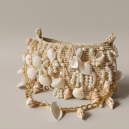 Küstenthema Clutch mit Muschel- und Perlendekor, goldener Kettentragegurt für Sommerfestlichkeiten