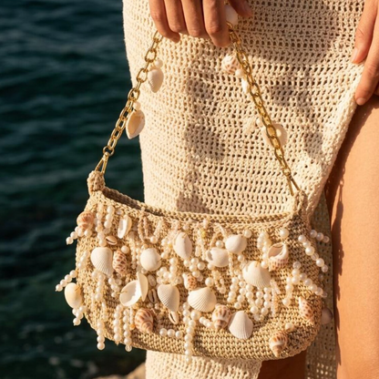 Küstenthema Clutch mit Muschel- und Perlendekor, goldener Kettentragegurt für Sommerfestlichkeiten