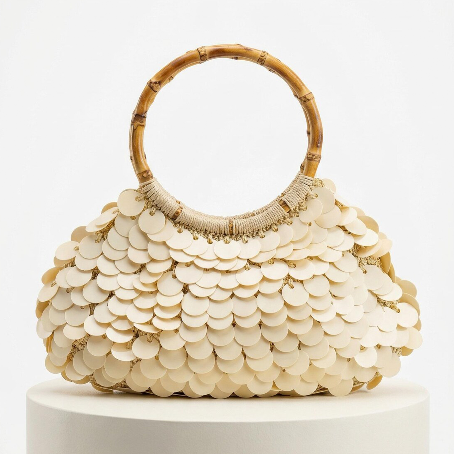 Boho Handtasche mit Bambus-Ringgriff und übereinander fallenden schimmernden Rundverzierungen