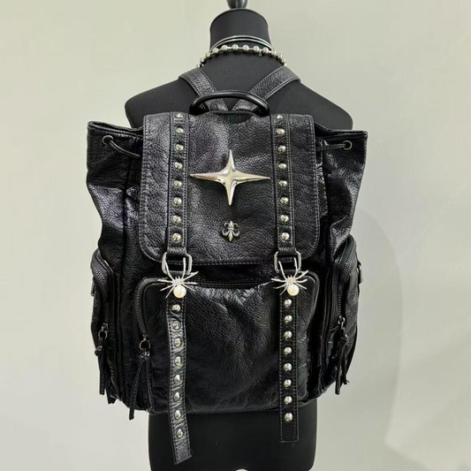 Unisex Rucksack im Y2K Stil mit Metallsternbesatz, Nieten und Spinnen-Dekoren